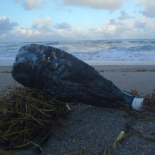 Plastic Pollution oil-laden plastic bottle trashed on beach