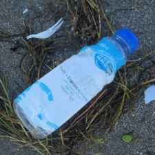 Plastic Pollution Nutri-Express plastic bottle on beach